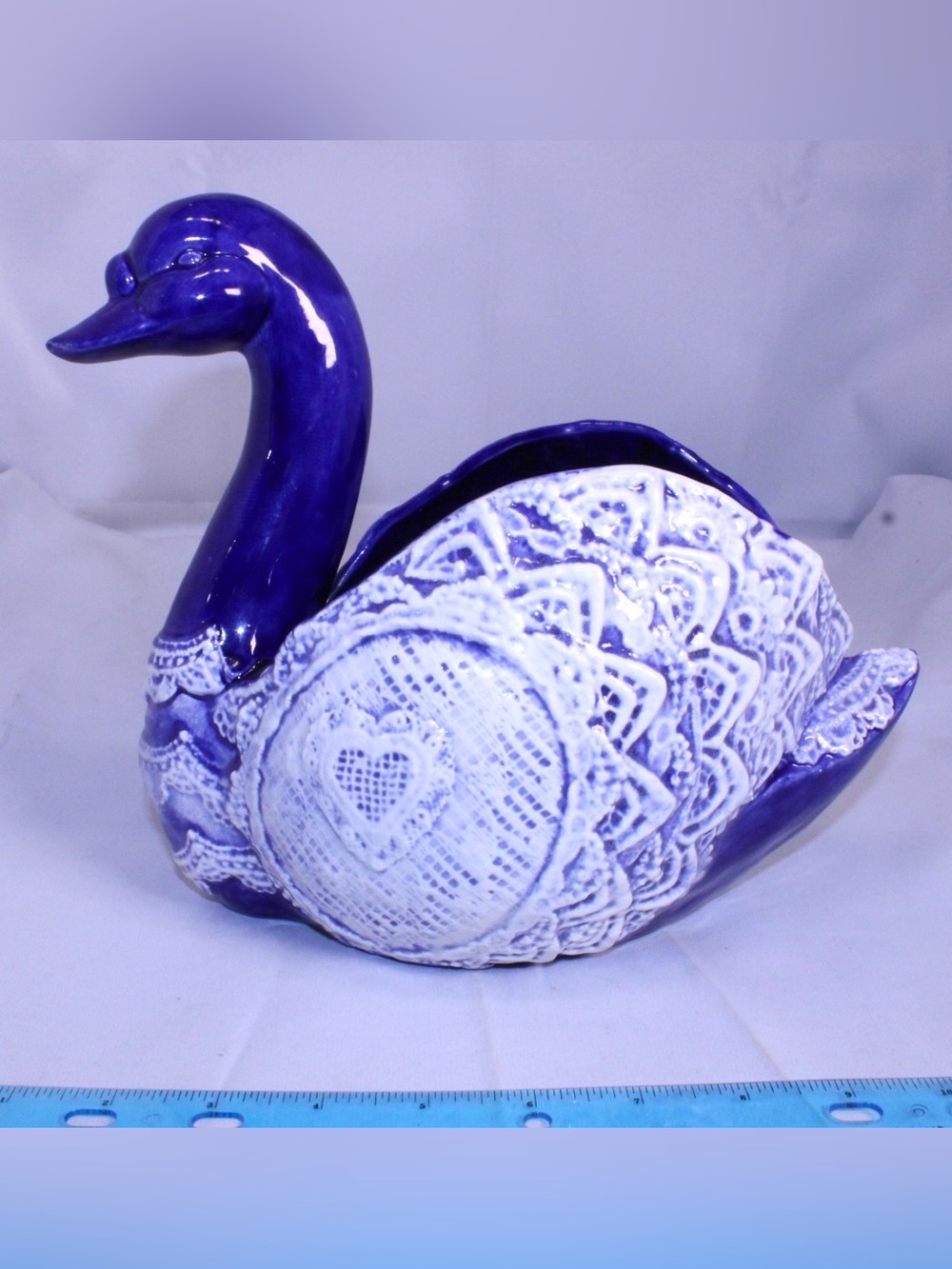 Vintage Cobalt Blue Ceramic Swan Planter - Painted Embossed White Lace